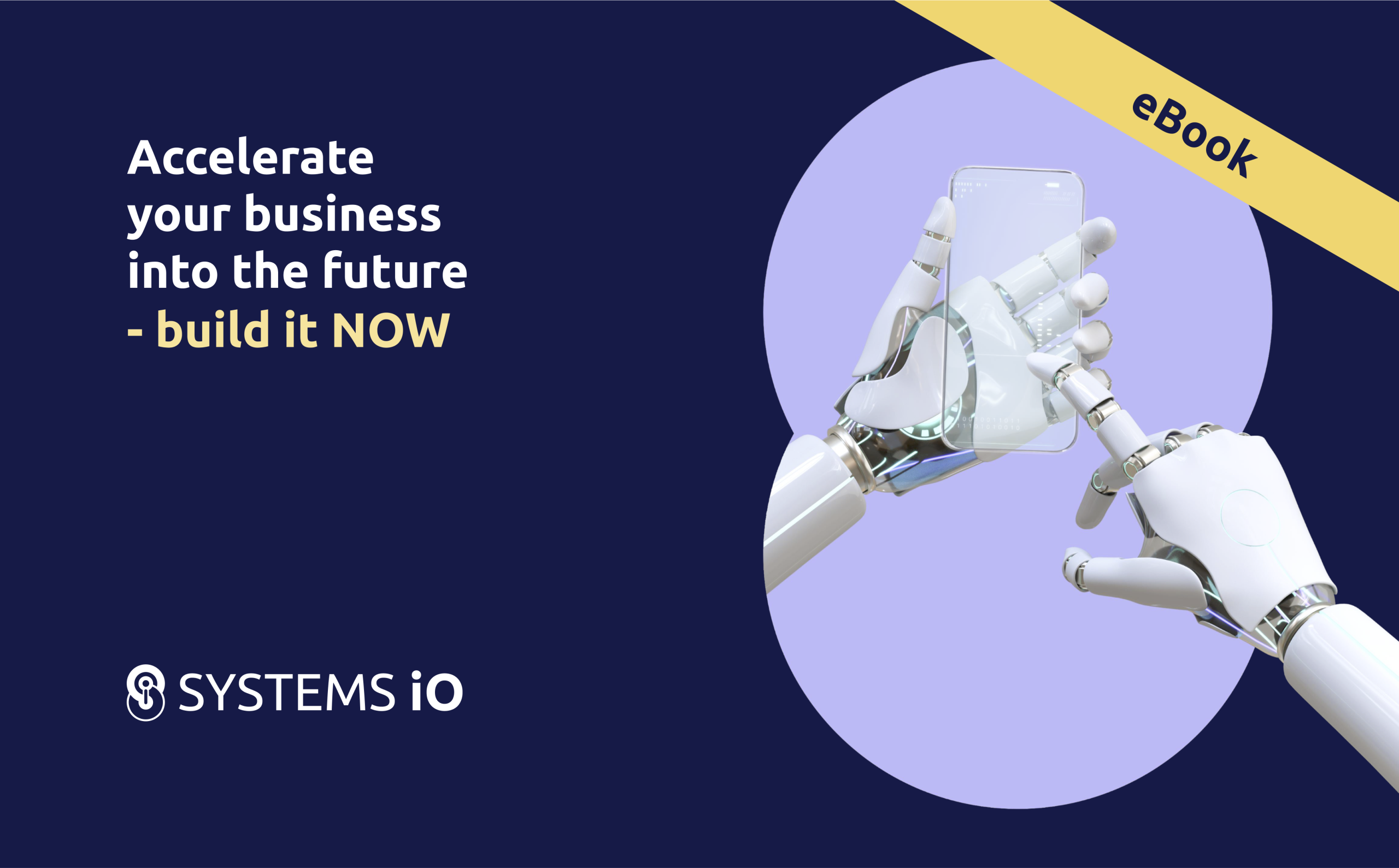 An Ebook Thumbnail with a visual of two robotic hands interacting with a mobile device.