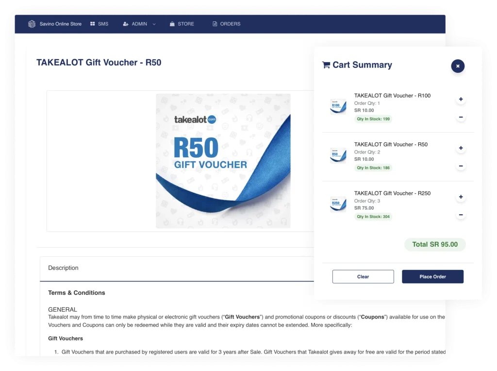 A screenshot of the Savino User Interface showing a Takealot gift voucher ready for purchase.