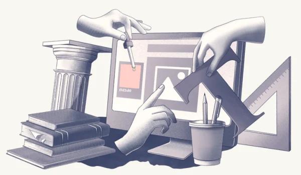 An illustration of a computer alongside a stack of books, notes, stationary, measuring tools and pillars. All elements are brought together by hands symbolising 'work' on the user interface.