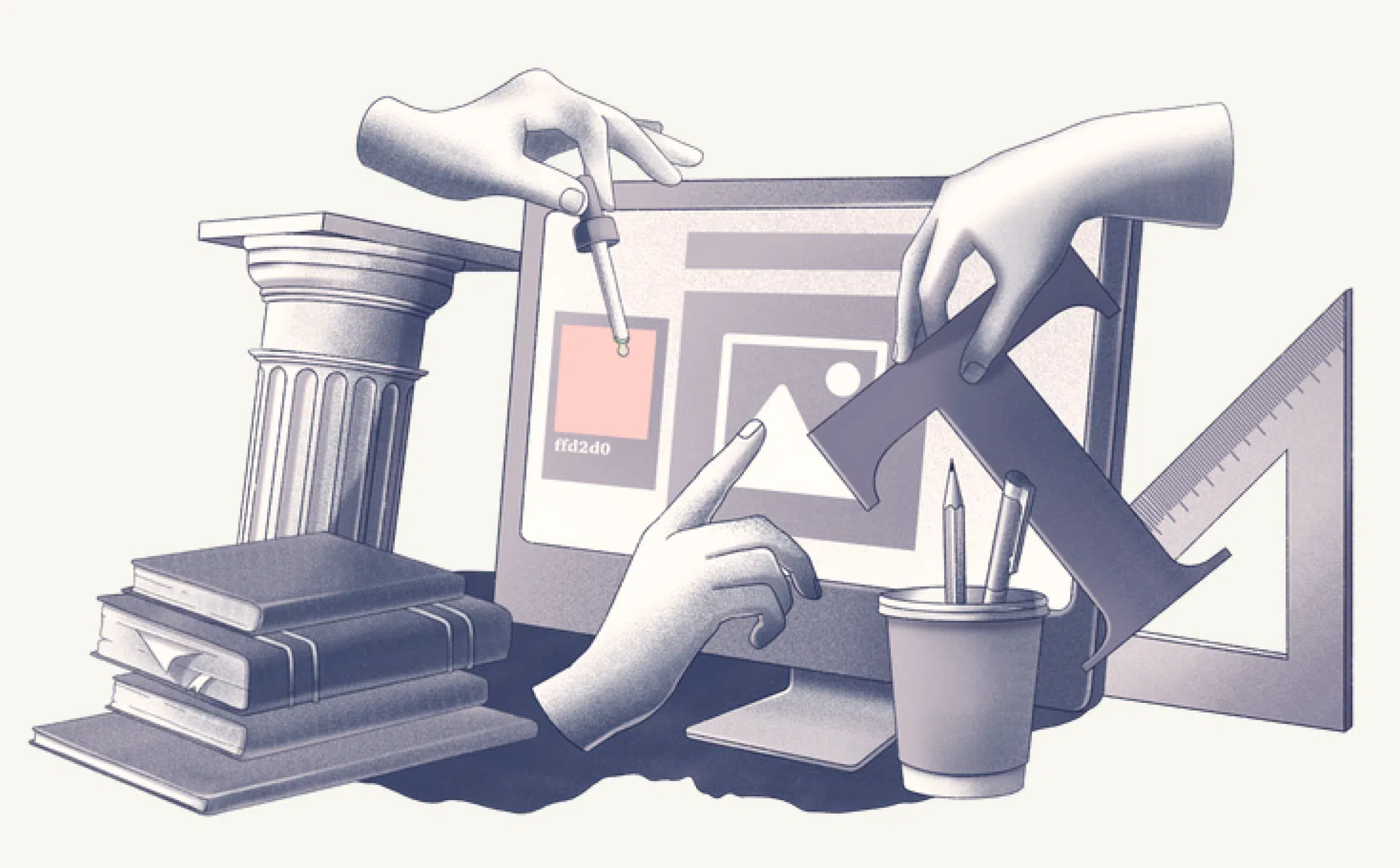 An illustration of a computer alongside a stack of books, notes, stationary, measuring tools and pillars. All elements are brought together by hands symbolising 'work' on the user interface.