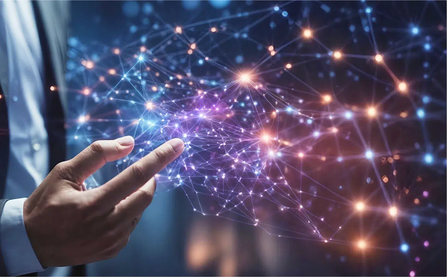 A businessman pointing at and interacting with a network of glowing nodes that represent technological connectivity.