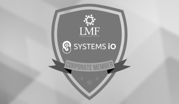 A crest showing the LMF and Systems iO logos with text below; "Corporate Member", all on a blurred polygonal background
