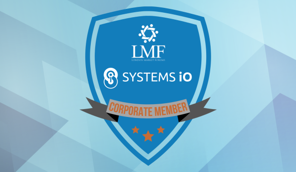 A crest showing the LMF and Systems iO logos with text below; "Corporate Member", all on a blurred polygonal background.