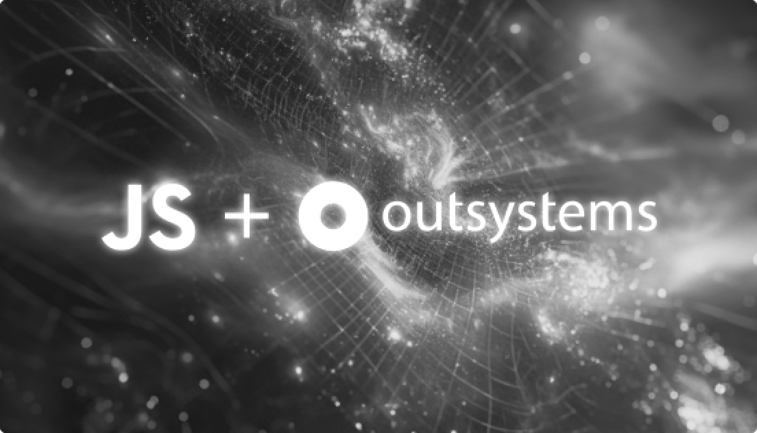 A nebula of two forces coming together featuring the JavaScript and OutSystems logos