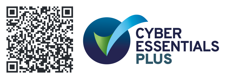 A QR code followed by Cyber Essential Plus' blue and green logo