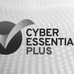 A greyscale visual of Cyber Essentials Plus' logo on a wavy background