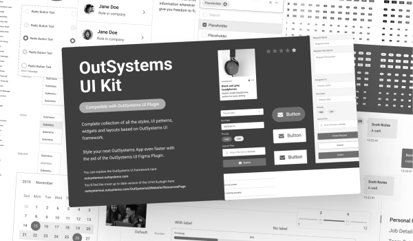 Thumbnail of the OutSystems UI Kit floating above a collage of dozens of design patterns like a calendar range picker, tag variations, radio buttons and more, all in black and white.