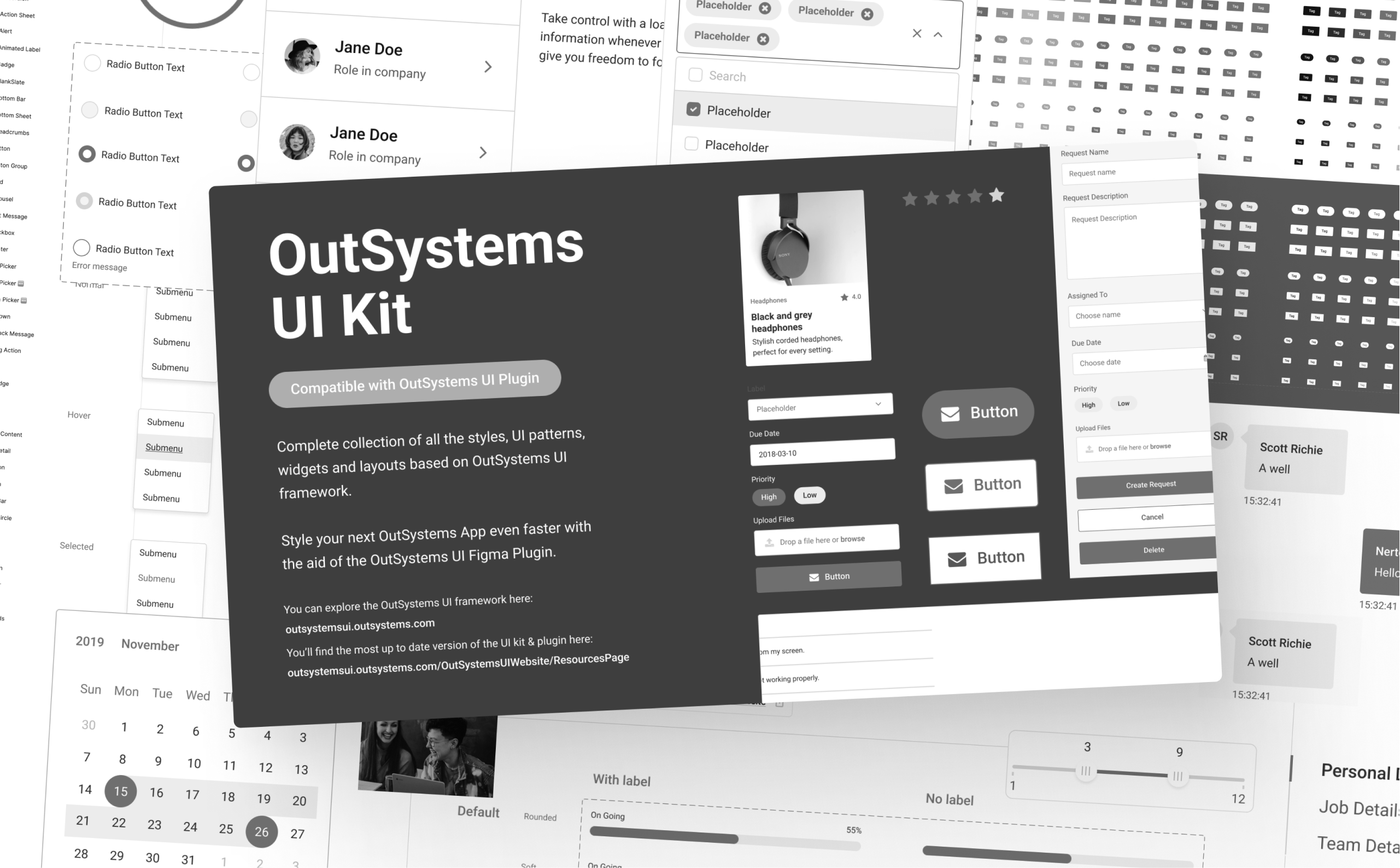 Thumbnail of the OutSystems UI Kit floating above a collage of dozens of design patterns like a calendar range picker, tag variations, radio buttons and more, all in black and white.
