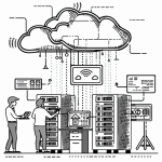 An illustration of two software technicians working with a pair of servers, with a digital cloud icon floating above them, symbolising cloud computing.