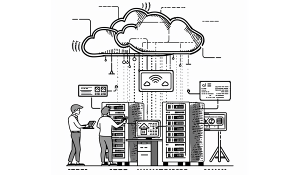 An illustration of two software technicians working with a pair of servers, with a digital cloud icon floating above them, symbolising cloud computing.