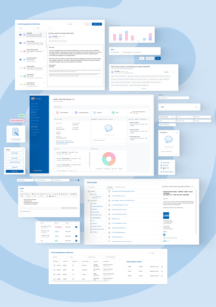 Collage of this app's components, including charts, button groups, icons, illustrations, tabs etc