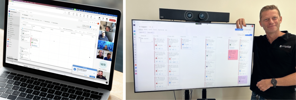 Two photos side by side: one of a laptop showing a live Teams meeting and the second photo showing Dan Jones next to a monitor displaying Azure Dev Ops