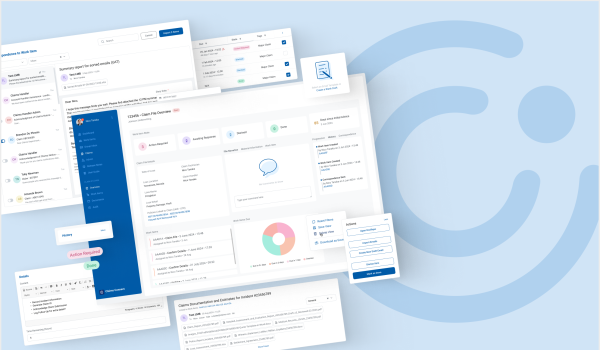 Screens and design components found in Cconnect, with the app's double C logo showing behind the collage