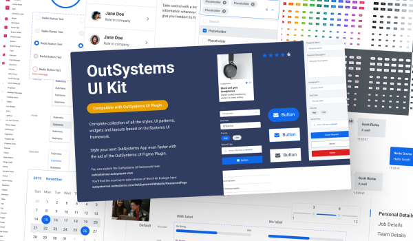 Thumbnail of the OutSystems UI Kit floating above a collage of dozens of design patterns like a calendar range picker, tag variations, radio buttons and more, all in black and white.