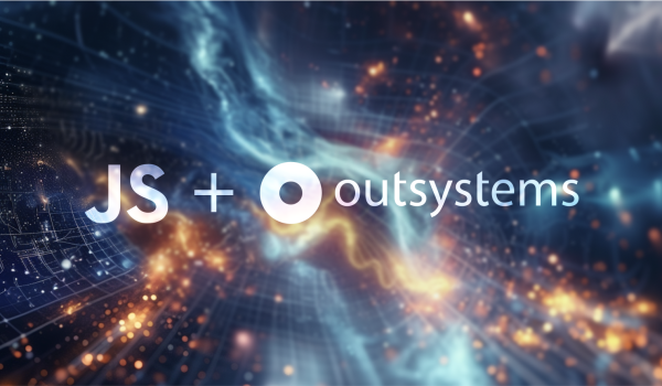 A nebula of two forces coming together featuring the JavaScript and OutSystems logos