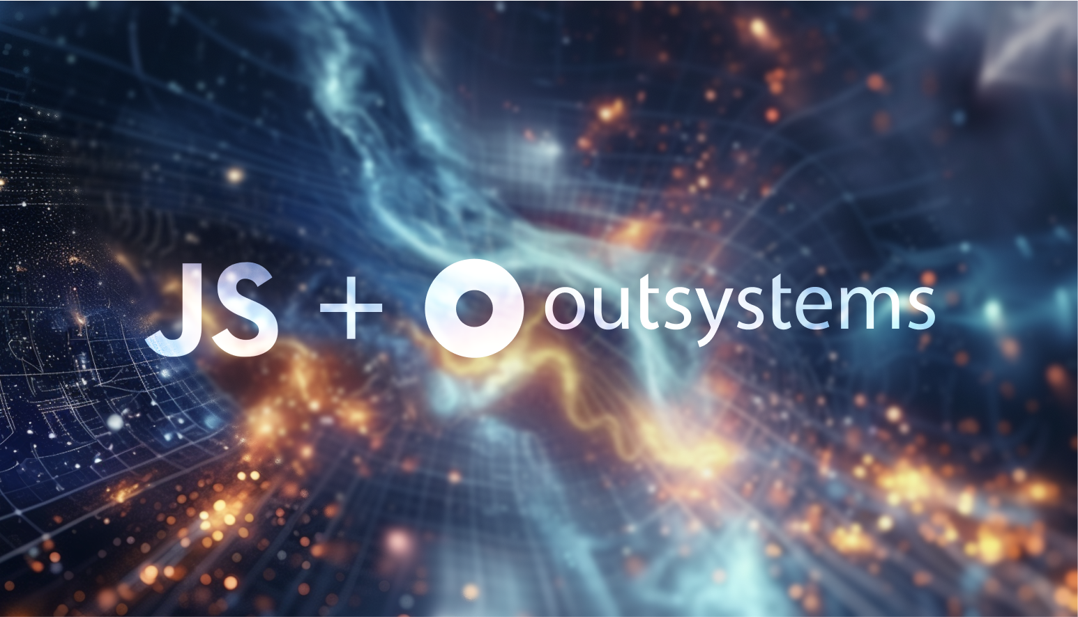 A nebula of two forces coming together featuring the JavaScript and OutSystems logos