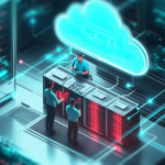 An illustration of two software technicians working with a pair of servers, with a digital cloud icon floating above them, symbolising cloud computing.