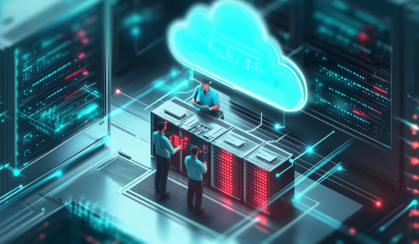 An illustration of two software technicians working with a pair of servers, with a digital cloud icon floating above them, symbolising cloud computing.