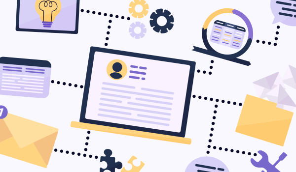 A Thumbnail image illustrating a laptop with a user profile at the center, surrounded by icons connected by dotted lines. These include a light bulb (ideas), gears (processes), a chart (data), an envelope with a notification (communication), puzzle pieces, and tools (problem-solving). It represents interconnected digital workflows, related to agile teams, scrumban and collaboration.