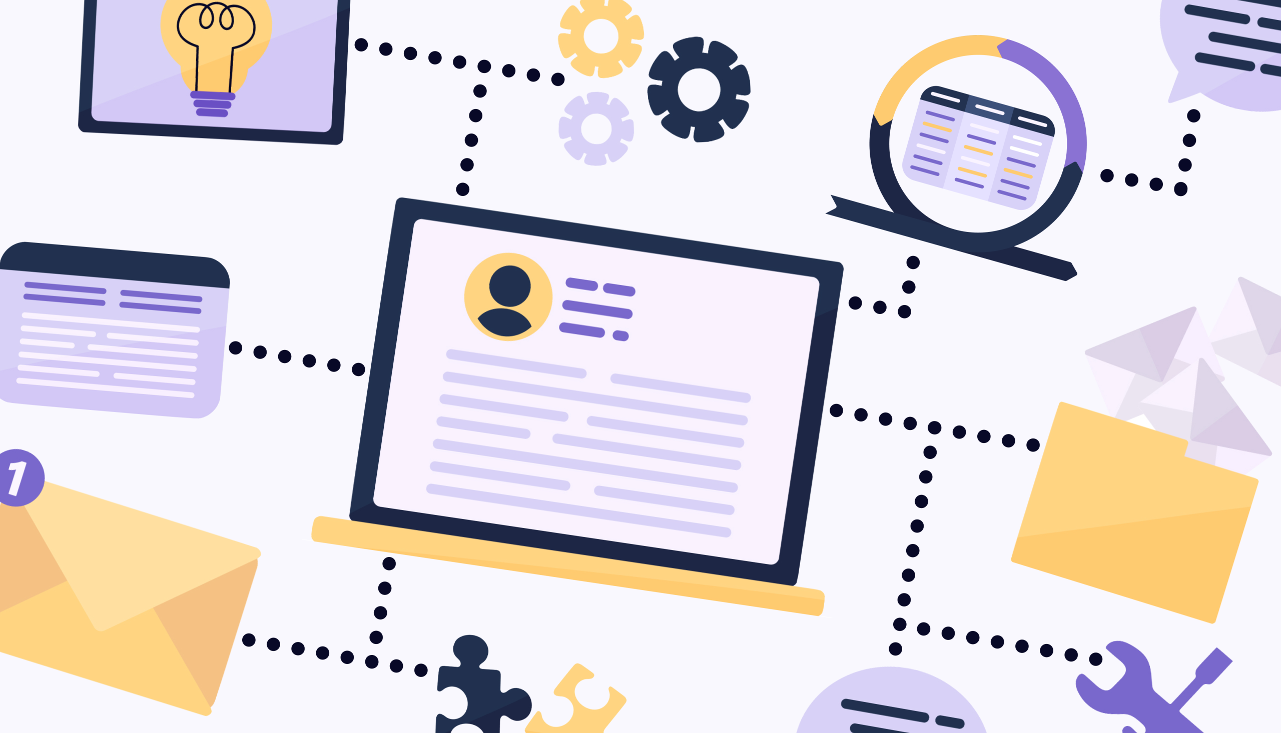 A Thumbnail image illustrating a laptop with a user profile at the center, surrounded by icons connected by dotted lines. These include a light bulb (ideas), gears (processes), a chart (data), an envelope with a notification (communication), puzzle pieces, and tools (problem-solving). It represents interconnected digital workflows, related to agile teams, scrumban and collaboration.