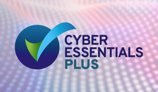 A greyscale visual of Cyber Essentials Plus' logo on a wavy background