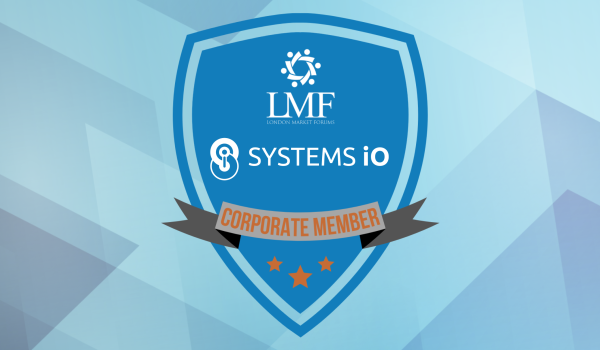 A crest showing the LMF and Systems iO logos with text below; "Corporate Member", all on a blurred polygonal background