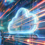 The image shows a digital cloud icon made of data points and lines, representing cloud computing. The cloud is set against a background of abstract circuitry and data streams, symbolizing the connection between cloud technology and digital infrastructure. The lines and lights suggest data transfer and a futuristic, high-tech environment.