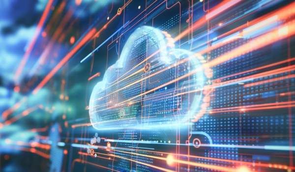 The image shows a digital cloud icon made of data points and lines, representing cloud computing. The cloud is set against a background of abstract circuitry and data streams, symbolizing the connection between cloud technology and digital infrastructure. The lines and lights suggest data transfer and a futuristic, high-tech environment.