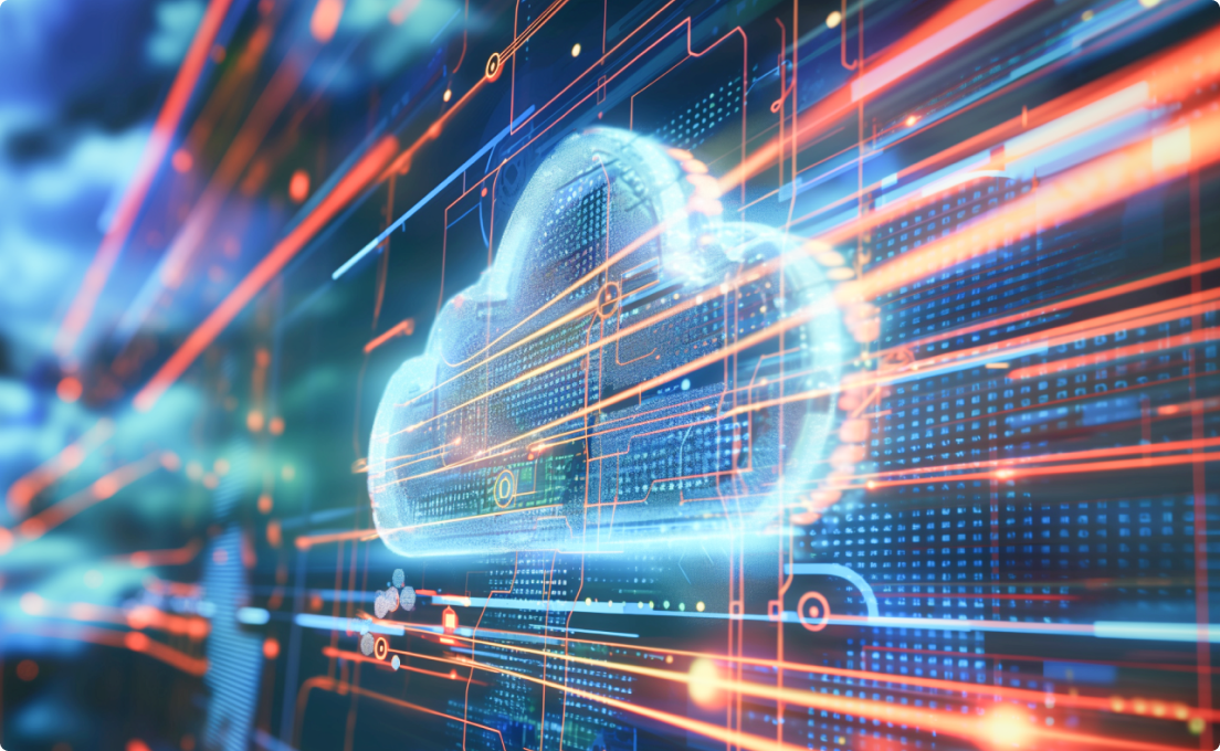 A digital cloud icon made of data points and lines, representing cloud computing. The cloud is set against a background of abstract circuitry and data streams, symbolizing the connection between cloud technology and digital infrastructure. The lines and lights suggest data transfer and a futuristic, high-tech environment.