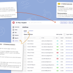 The image shows a hospital management UI with highlighted observations and recommendations from a heuristic evaluation. Issues like button hierarchy, notification design, and inconsistent color usage are identified, with recommendations to improve visual hierarchy, add notification counts, and standardize active/inactive states. It visually supports an article on UI/UX design audits by demonstrating how usability problems are detected and resolved.