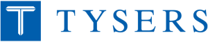 Logo of Tysers, showing a clear stylised T in a navy blue block on the left with "Tysers" to the right of it, kerned, seriffed and in all-caps