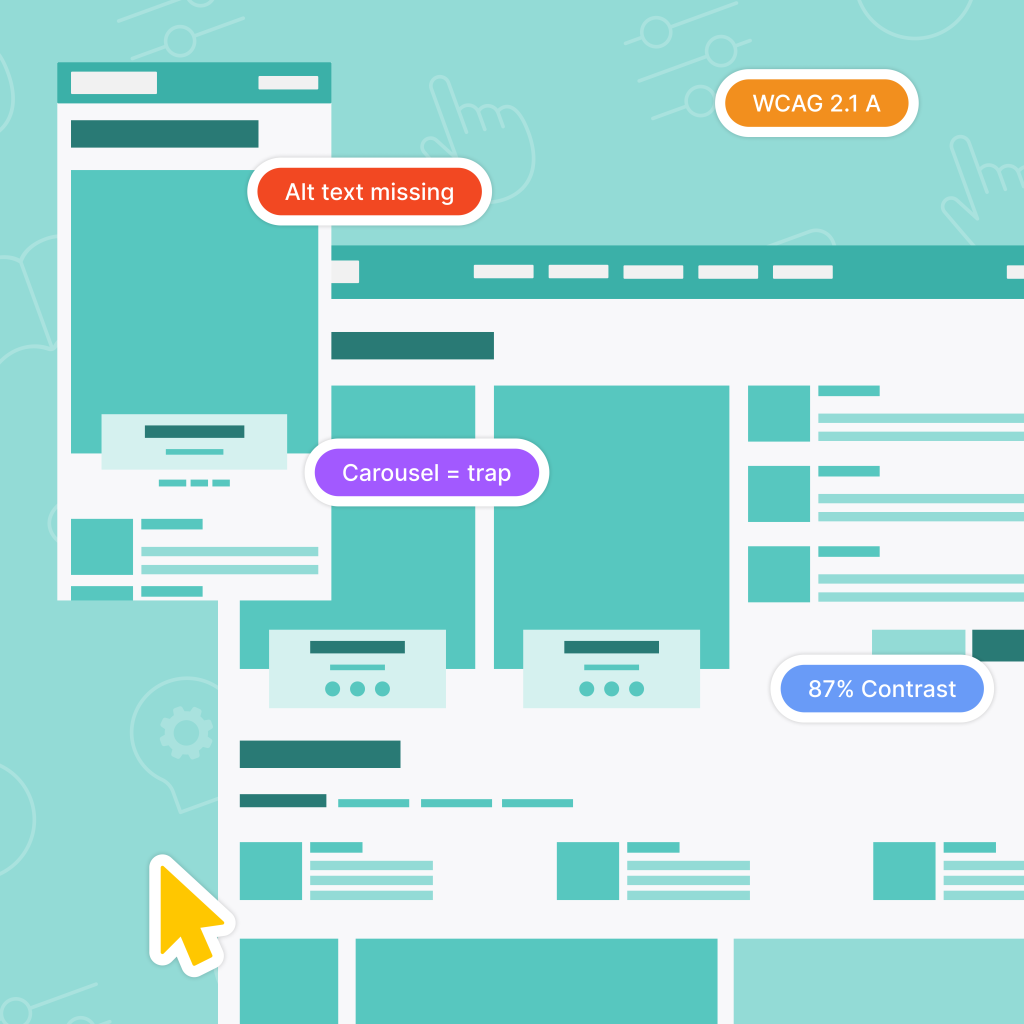 A teal-themed image featuring two interfaces: a desktop layout and a mobile version, demonstrating scalability. Feedback tags point out accessibility issues, including “Alt text missing,” “Carousel = Trap,” “87% Contrast,” and “WCAG 2.1 A.” A yellow cursor icon appears as a sticker, symbolising interaction and accessibility focus.