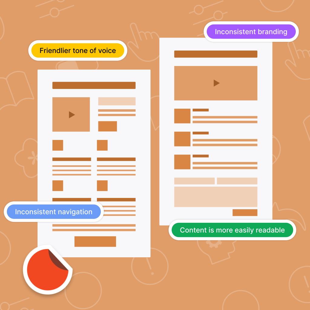 An orange-themed image displaying two UI layouts side by side, representing competitor platforms with similar elements arranged differently. Feedback tags highlight differences and issues, including “Friendlier tone of voice,” “Inconsistent Branding,” “Inconsistent Navigation,” and “Content is more easily readable.” A red circular sticker appears partially peeled off, emphasising a specific detail.