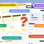 An illustration showcasing different UI/UX audit methods, including labels such as 'Customer Journey Maps,' 'Usability Testing,' 'User Research,' 'Accessibility Analysis,' 'Competitor Analysis,' 'Heuristic Evaluation,' and 'User Interface Reviews.' The background features design mockups with a large red question mark in the center, symbolizing the process of selecting the right audit method for a product.