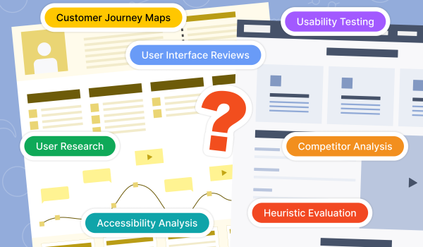 An illustration showcasing different UI/UX audit methods, including labels such as 'Customer Journey Maps,' 'Usability Testing,' 'User Research,' 'Accessibility Analysis,' 'Competitor Analysis,' 'Heuristic Evaluation,' and 'User Interface Reviews.' The background features design mockups with a large red question mark in the center, symbolizing the process of selecting the right audit method for a product.