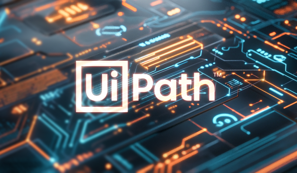 UiPath logo displayed prominently on a futuristic, digital circuit board background with glowing blue and orange lines, symbolising advanced technology and automation.