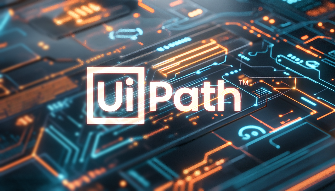 UiPath logo displayed prominently on a futuristic, digital circuit board background with glowing blue and orange lines, symbolising advanced technology and automation.