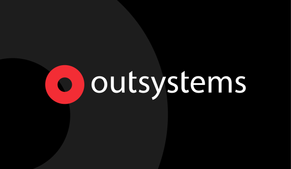 The OutSystems logo on a black background featuring the OutSystems circle partially in dark grey