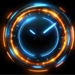 Glowing clock with themes of technology and high speed.