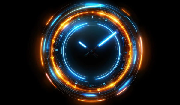 Glowing clock with themes of technology and high speed.