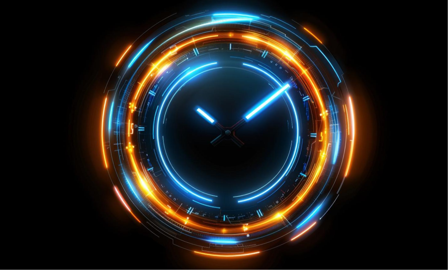 Glowing clock with themes of technology and high speed.