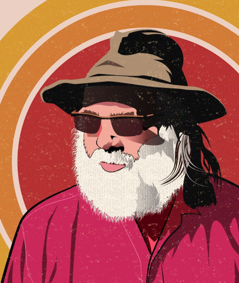 An illustration of Edmund Sutcliffe in a hat and sunglasses.