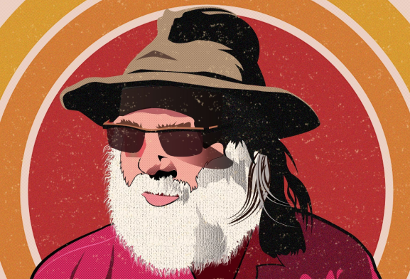 An illustration of Edmund Sutcliffe in a hat and sunglasses.