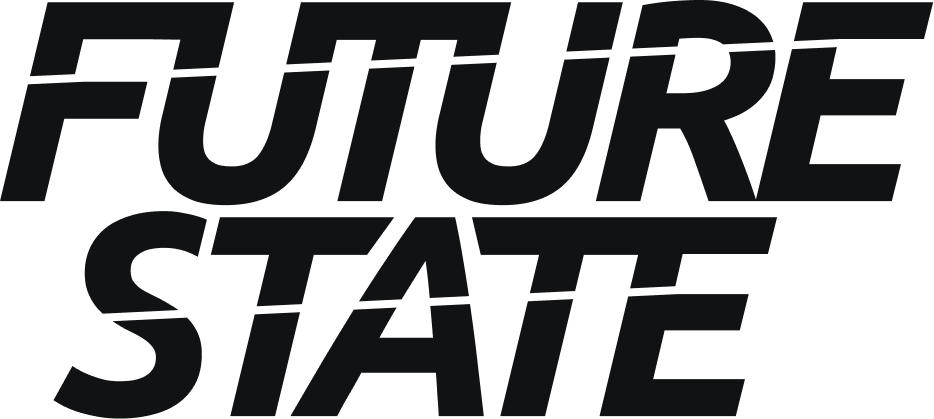 The monochrome Future State series logo in italic text, with the word 'FUTURE' stacked on the word 'STATE'. A slightly angled line intersects each word.