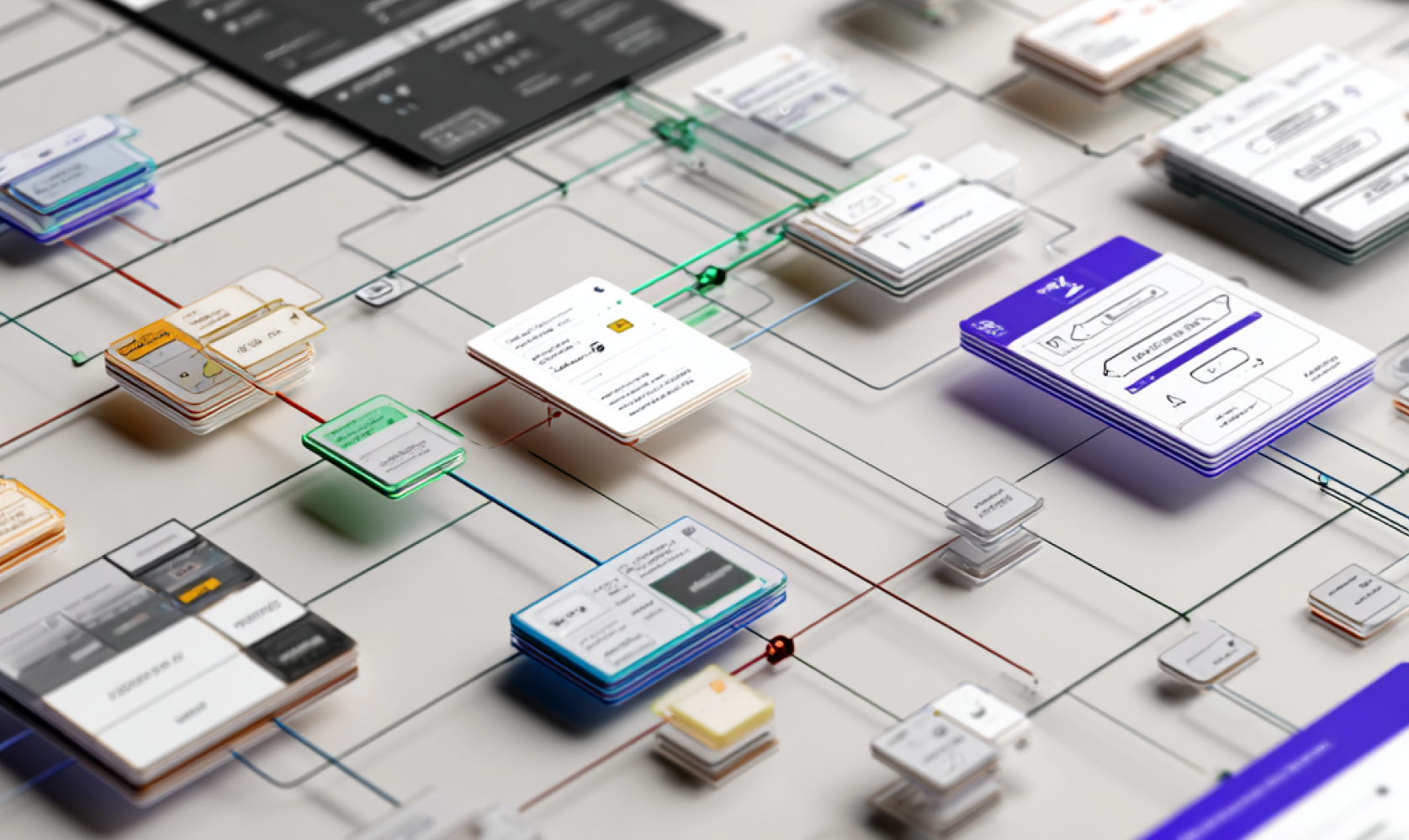 Interconnected elements of User Interface (UI) and User Experience (UX) design, representing a user flow or a design system.