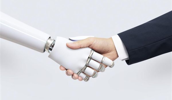 A handshake between a robot and a (human) businessman.