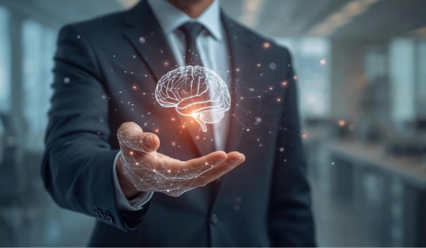 A businessman holds in his hand a holographic brain.