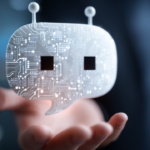 A holographic chatbot hovering in the palm of a human hand.