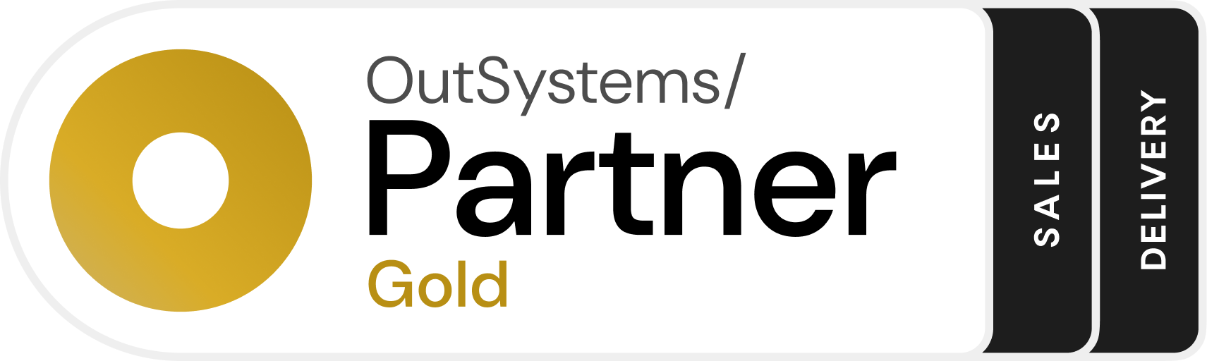 An OutSystems badge, reading 'OutSystems Partner Gold Sales (and) Delivery'.