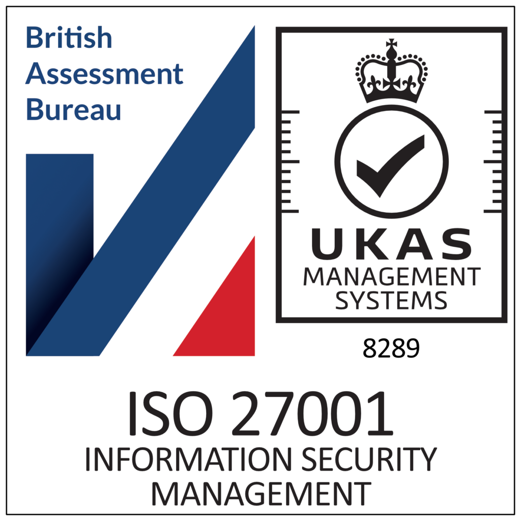 Official badge from British Assessment Bureau showing an ISO 27001 Certification in Information Security Management, as well as the UKAS Management System logo.